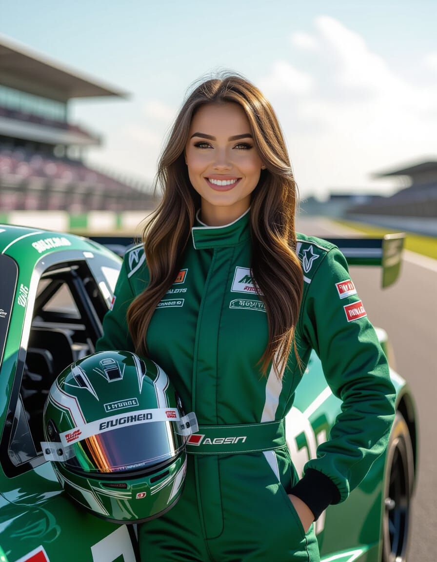 Russian Woman Racer in Green Uniform Beside Formula Car