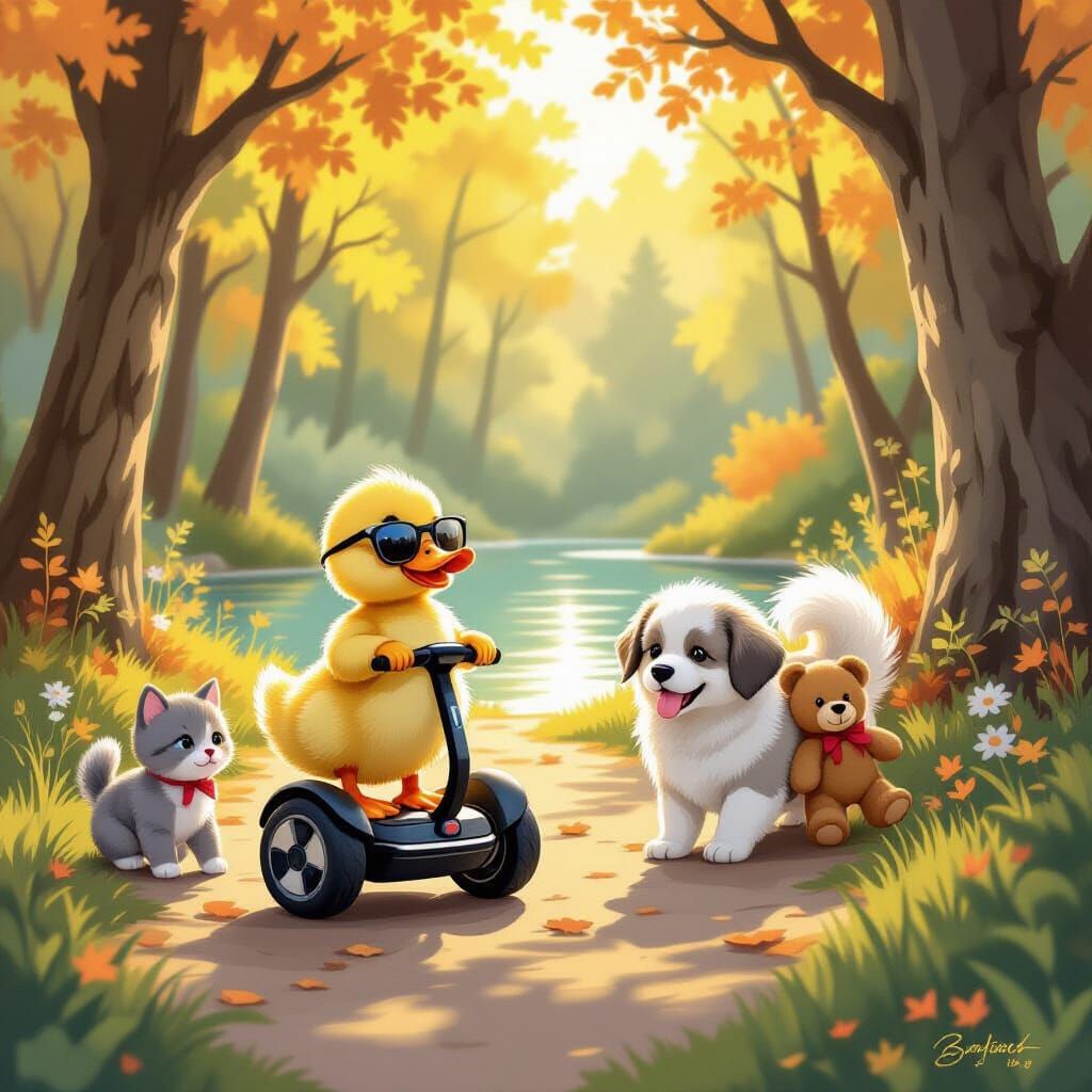 Whimsical Storybook Scene: Duck on Segway, Puppy with Teddy ...