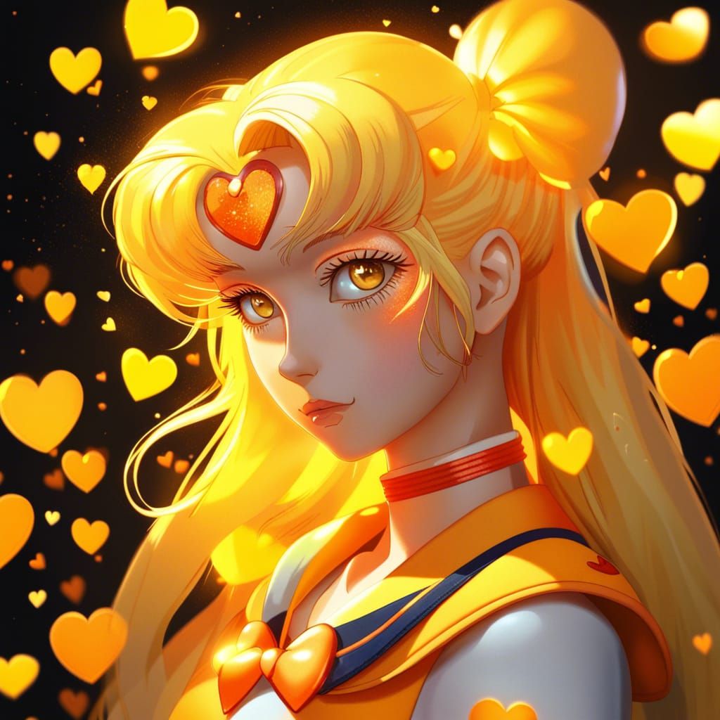 Sailor Venus Surrounded by Glowing Hearts in Splash Art