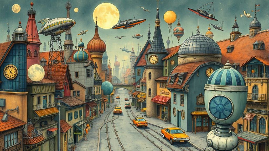 Whimsical Sci-Fi Metropolis with Vibrant Spaceships and Flyi...