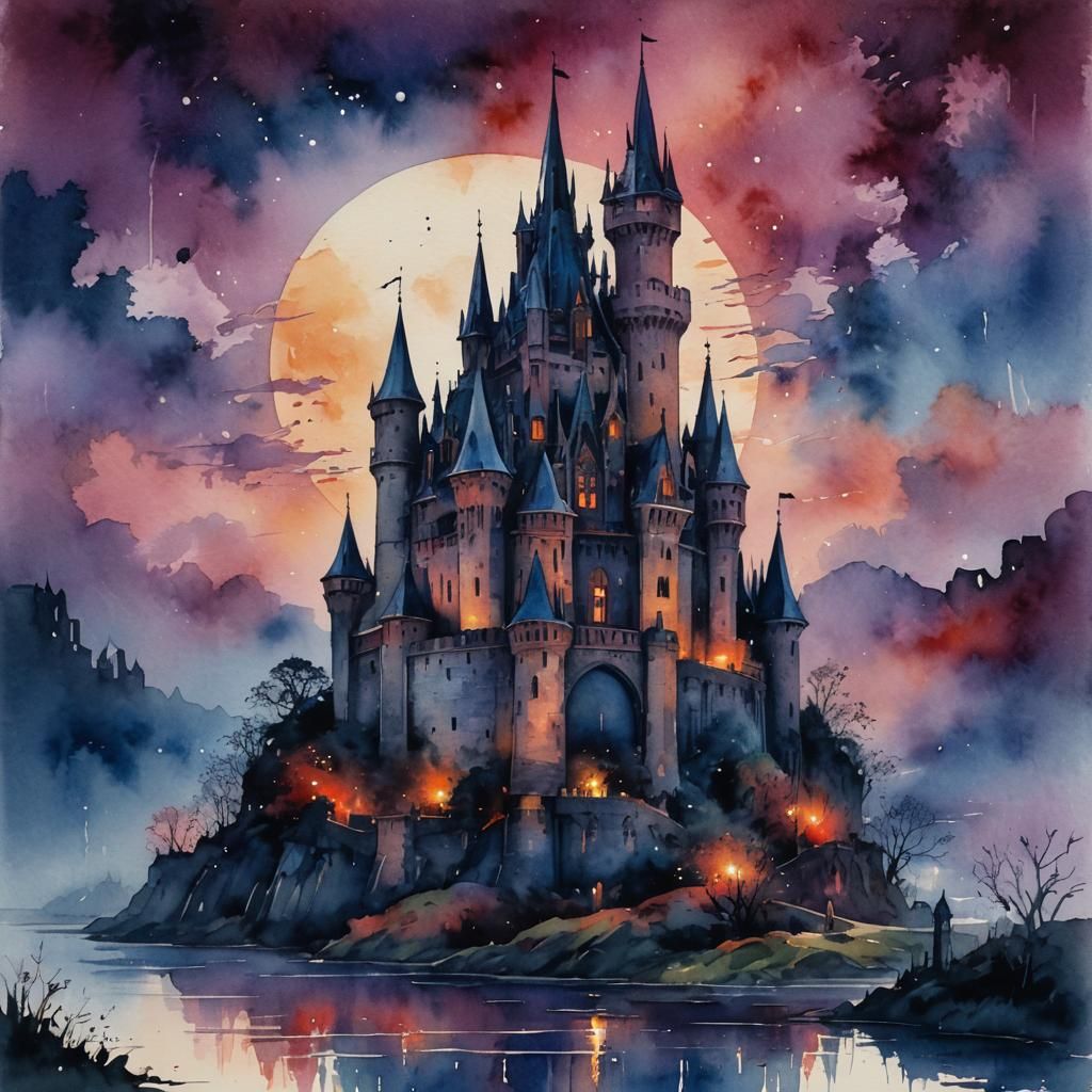 Gothic Castle Bloodmoon in Post-Impressionist Watercolor