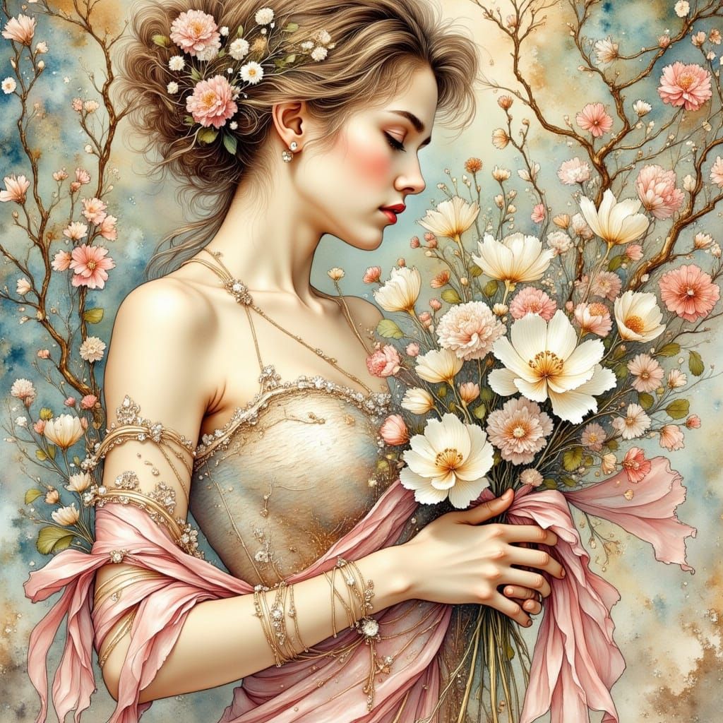 Elegant Woman with White Flowers in Art Nouveau Style