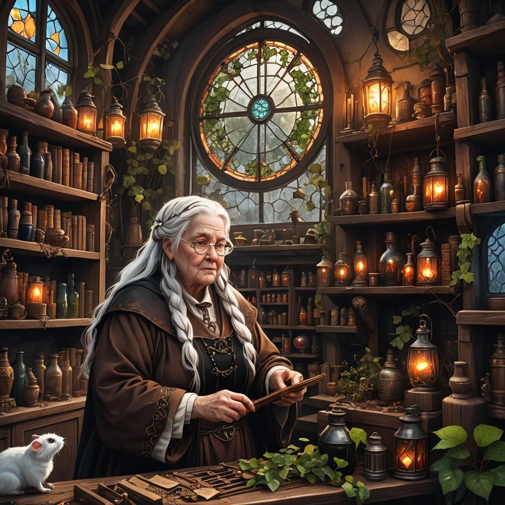 Fantastical Old Woman Amidst Fire and Curiosities