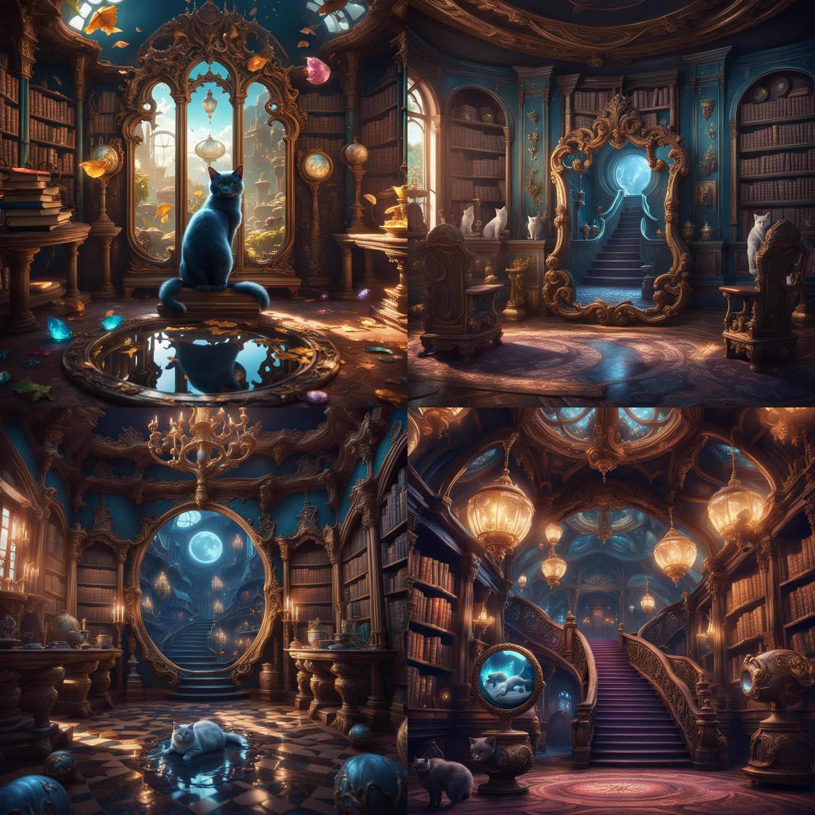 Wonderland Cat in Library Mirror, Fantasy Art