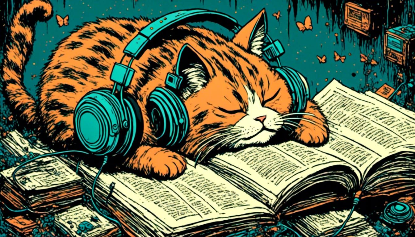 fat cat sleeping on books