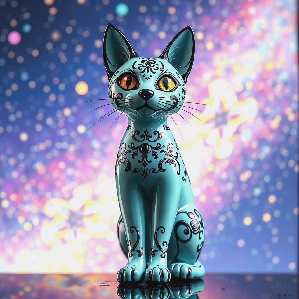 Enameled Glass Cat Figurine in Moebius Style