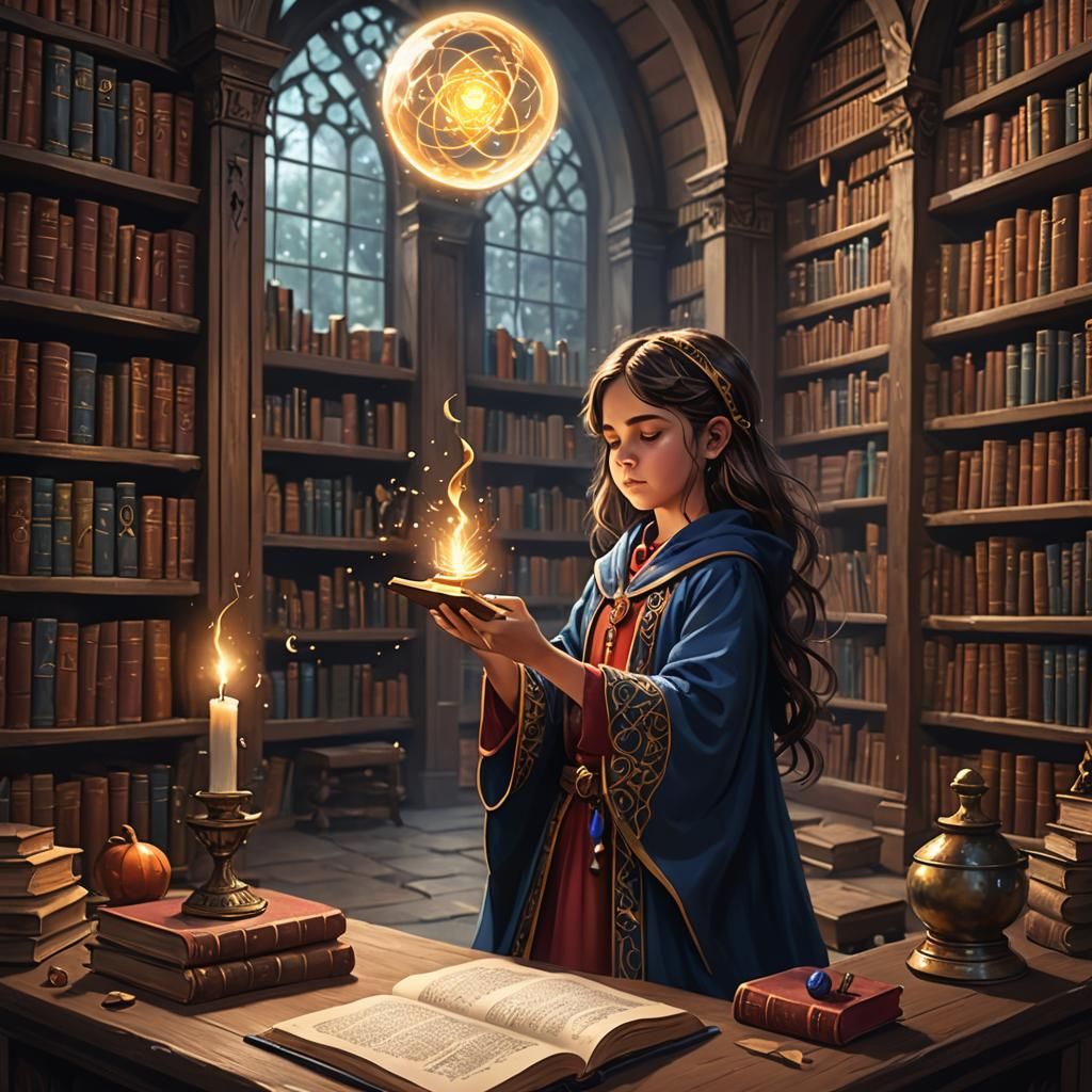 Lady Mage Practicing Spells in Magical Library