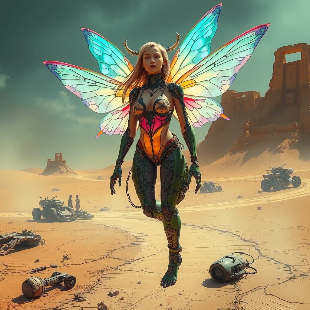 Android Fairy Soaring Through Apocalyptic Desert Oasis