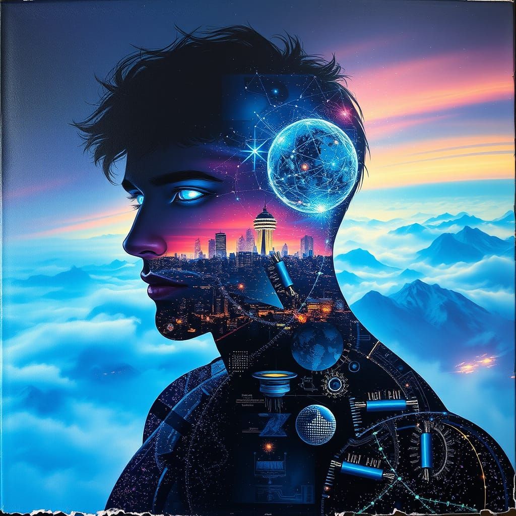 Cyberpunk Figure in Neon-Lit Cityscape, Glowing with Ancient...