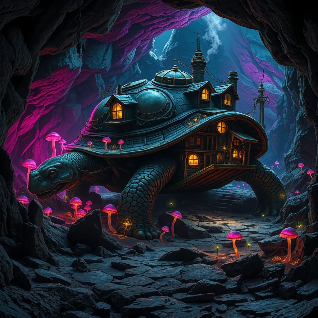 Steampunk Tortoise House in Bioluminescent Cavern