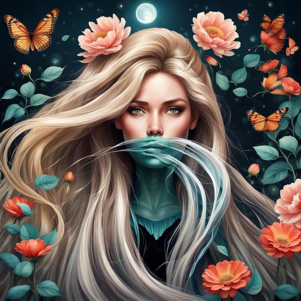 Add a beautiful woman with very long hair