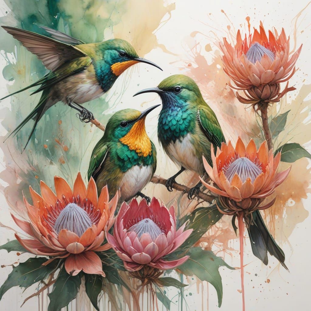 Sunbird and Protea in Pastel Oil Painting