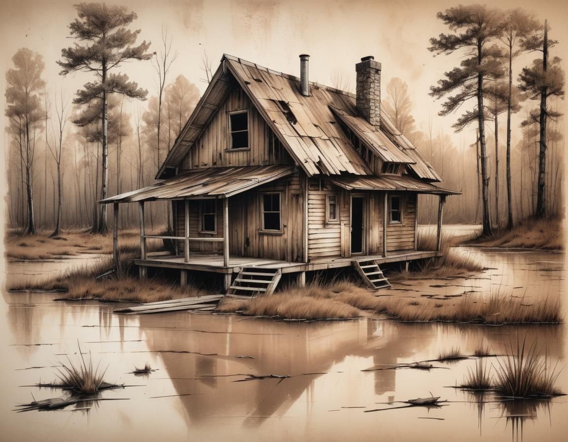 Technical Drawing of Abandoned Cabin in Marsh