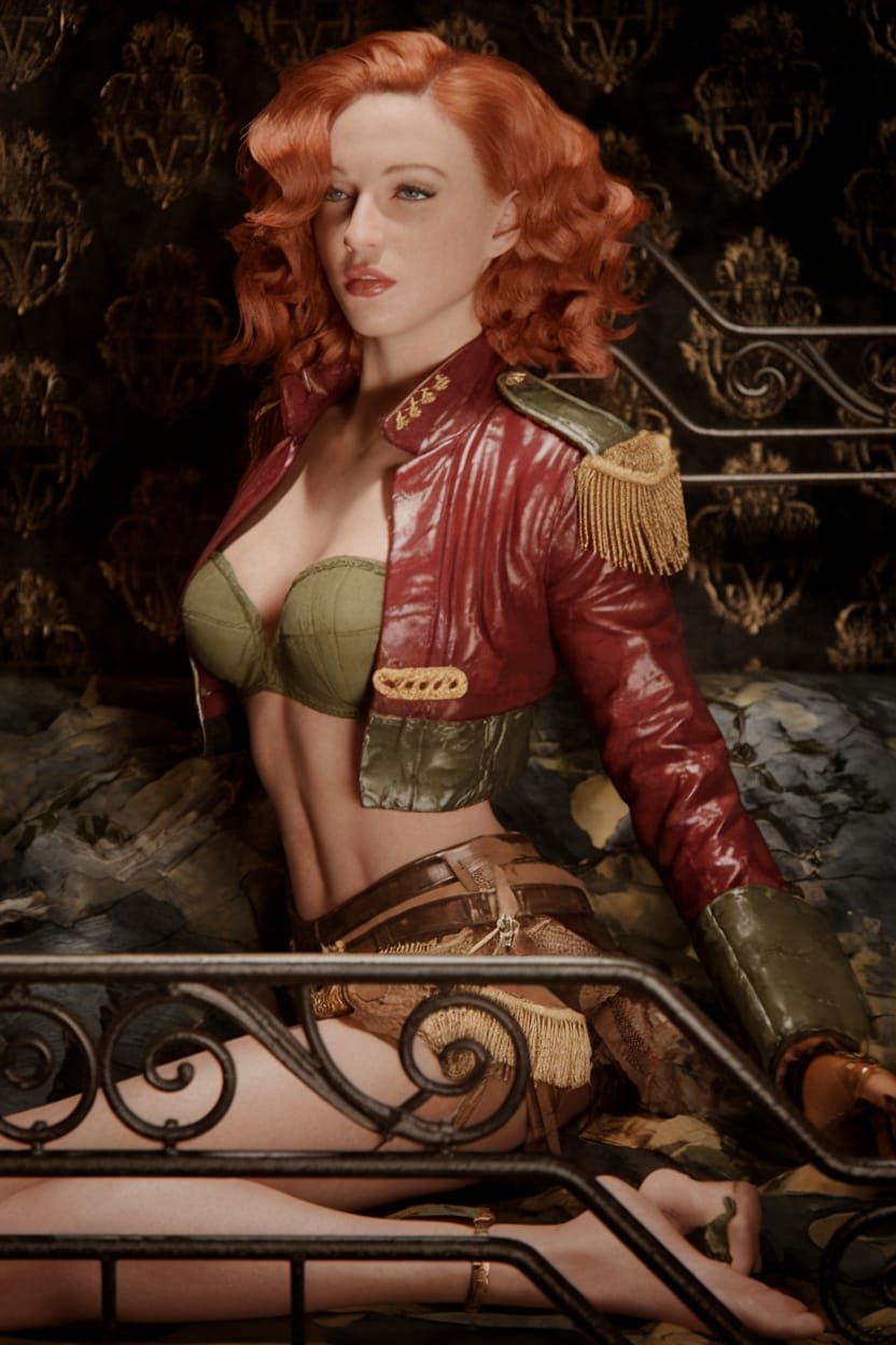 Red-Haired Woman in Military Jacket, Hyperrealistic Art