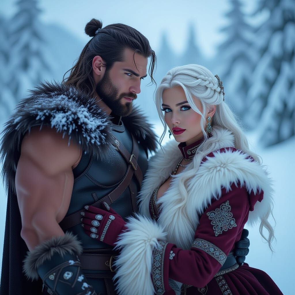 Elegant Woman and Warrior Man in Snowy Landscape