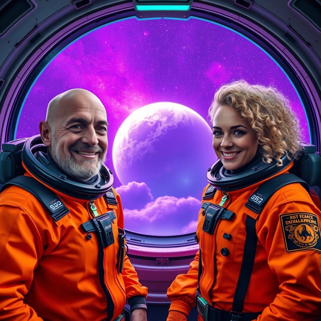 Tall Astronaut in Bright Orange Spacesuit Smiles with Female...