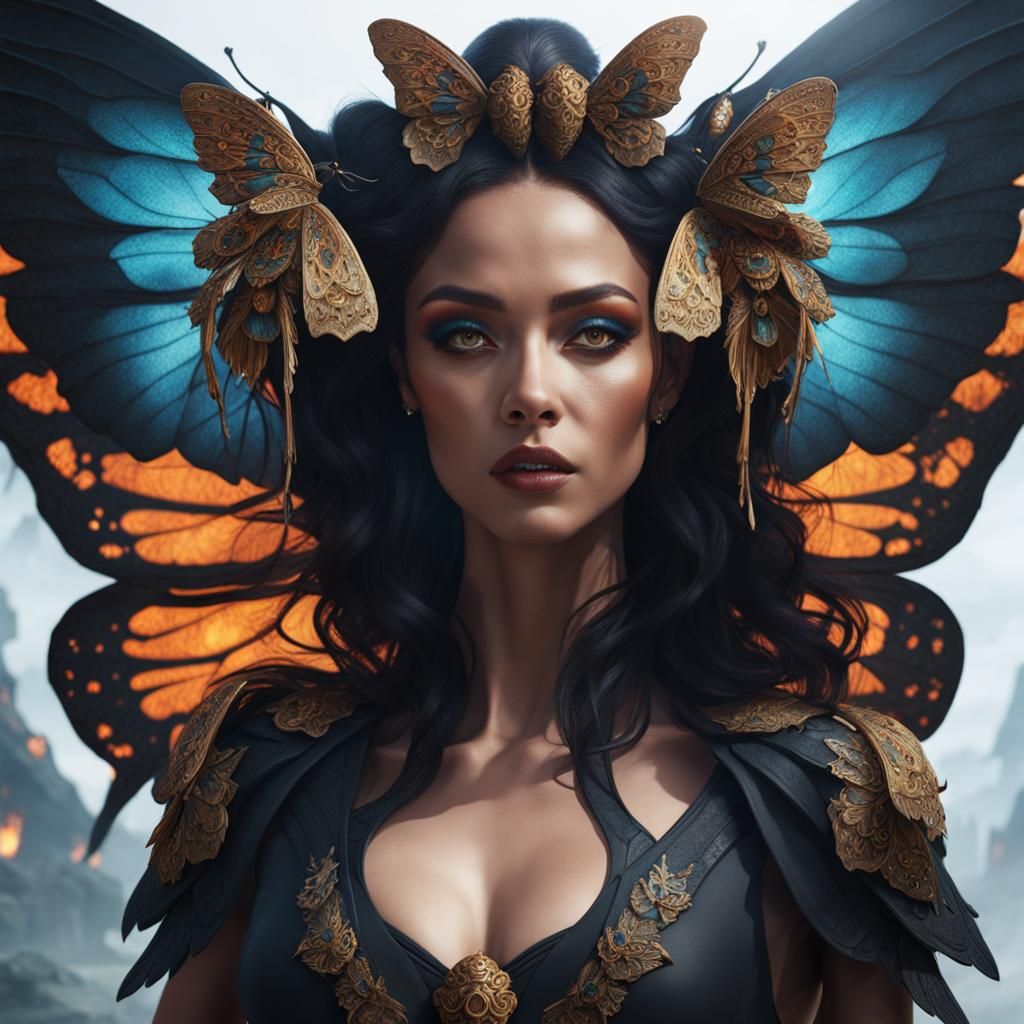 Woman with Death Moth Wings in Detailed Matte Painting