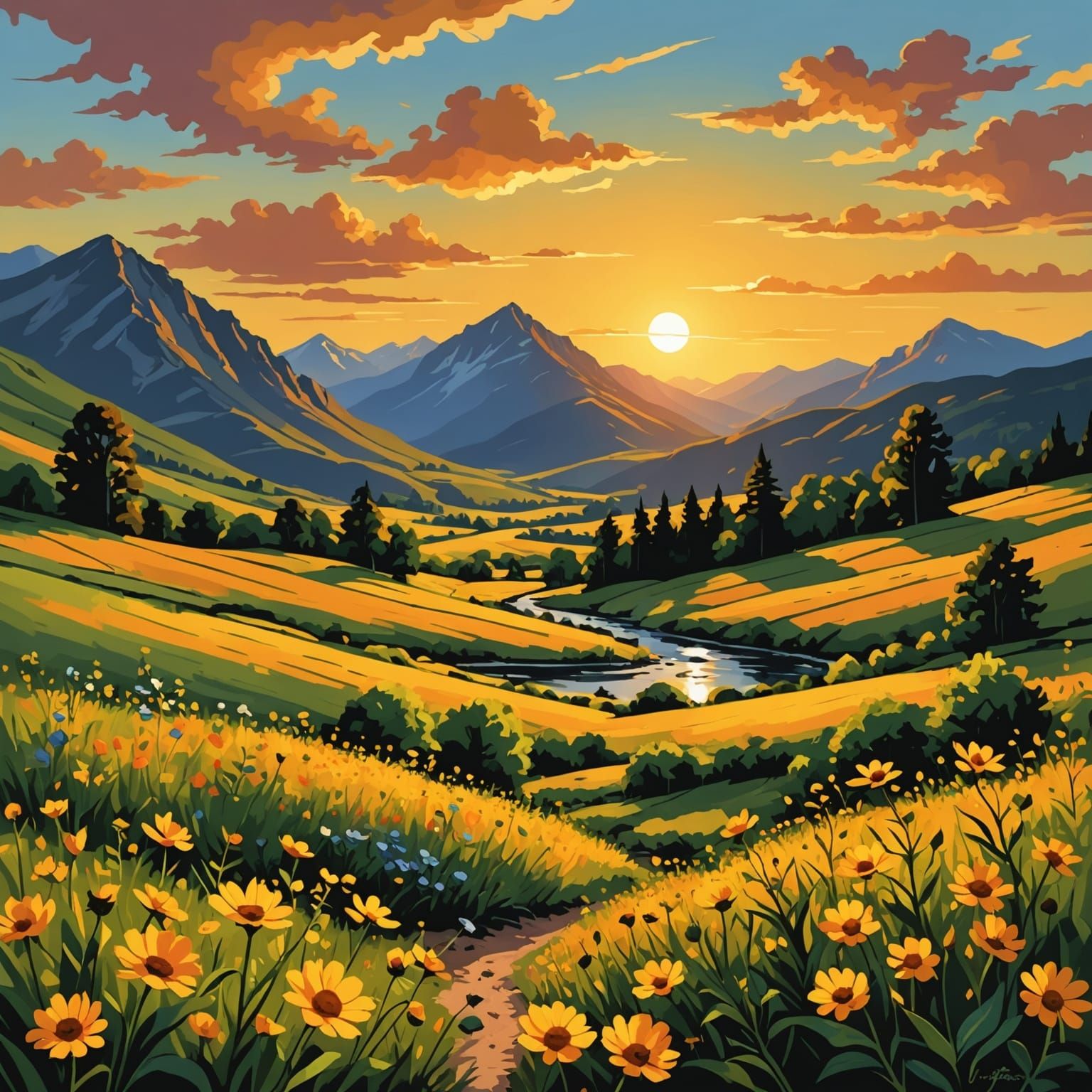 Golden Sunset over Wildflowers: Chiaroscuro Oil Painting