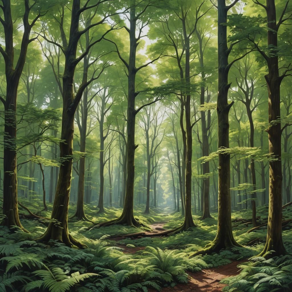 Photorealistic Forest Landscape Painting: Verdant Sanctuary