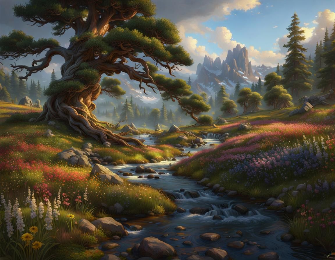 Knarled Pine in a Fantasy Landscape, Detailed Art