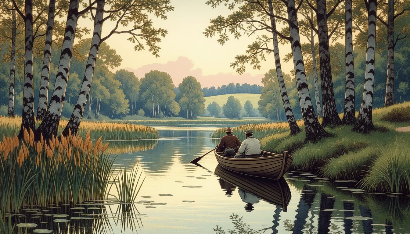 Picturesque English Landscape with Fishermen, Hyperrealistic...