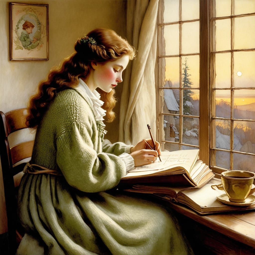 Young Woman Lost in Thought, Surrounded by Cozy Whimsy