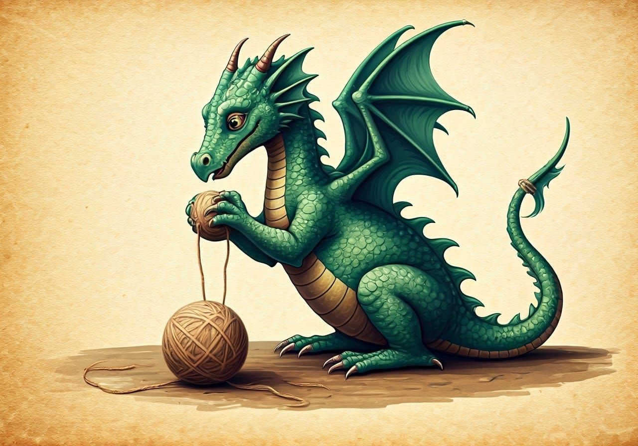 Medieval Dragon at Play with Ball of Wool in Whimsical Manus...