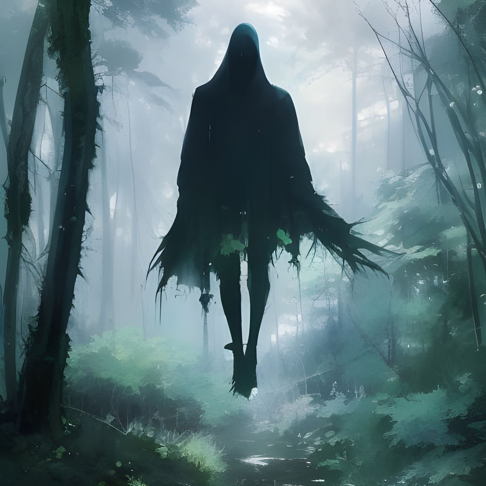 Mysterious Cloaked Figure in Forest, Detailed Manga Painting