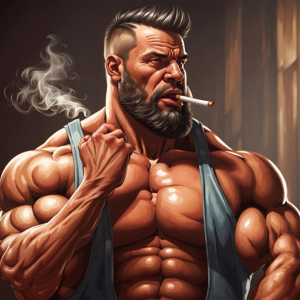Muscular Powerlifter Flexing and Smoking