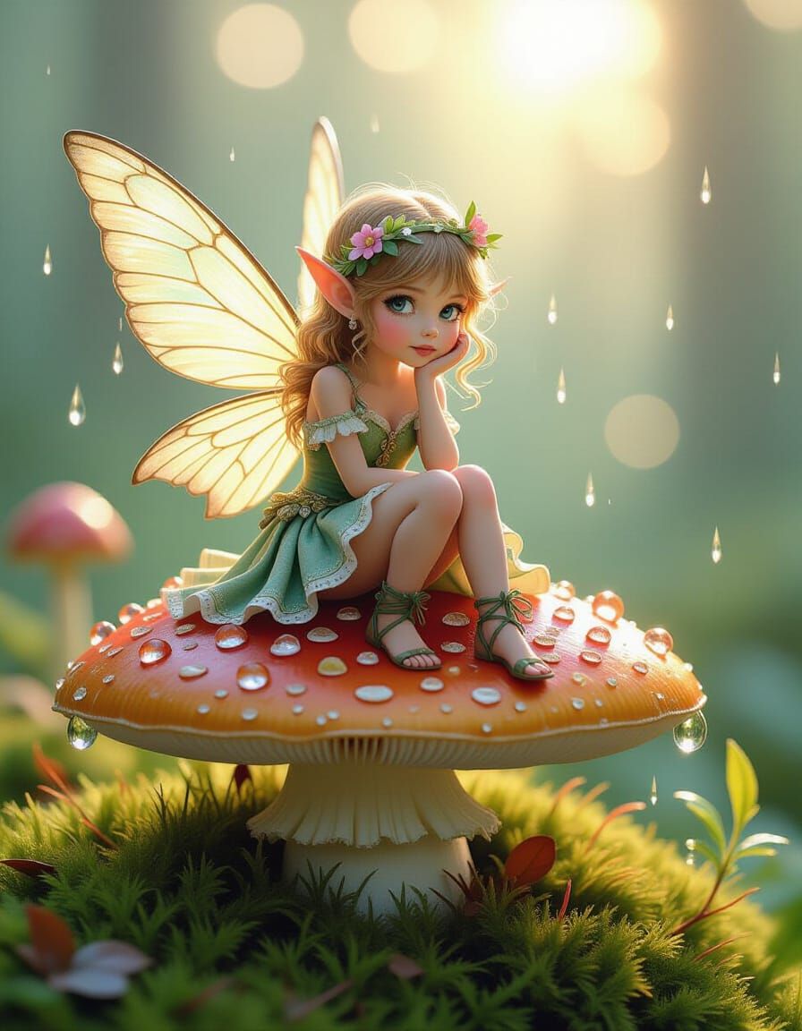Enchanting Fairy on Mushroom, Detailed Whimsical Illustratio...