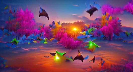 Mystic Neon Dawn: Bats Fly Home in 3D
