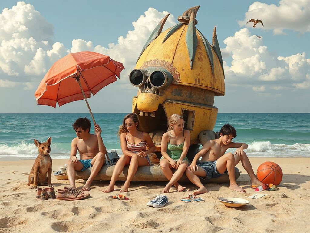 Whimsical Beach Scene in Detailed Digital Art