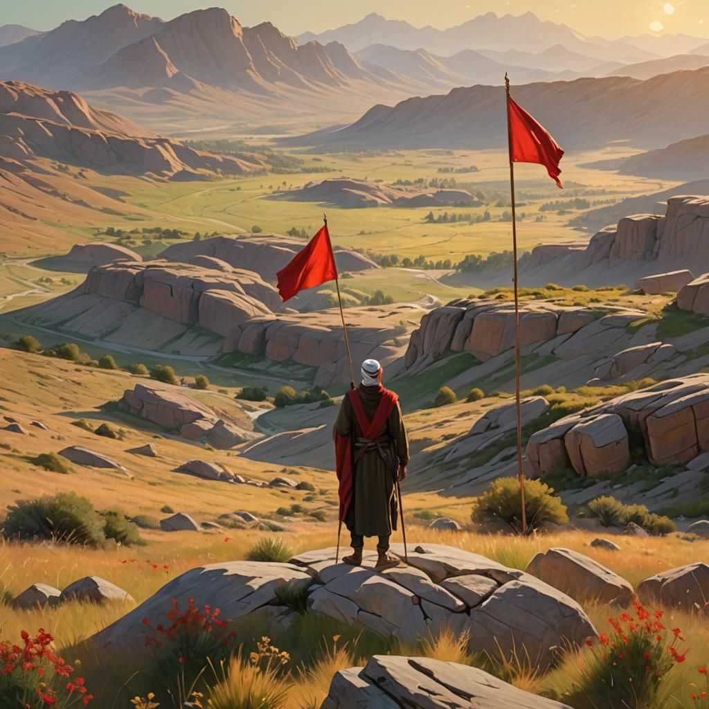 Arab Man with Red Flag: Oil Painting
