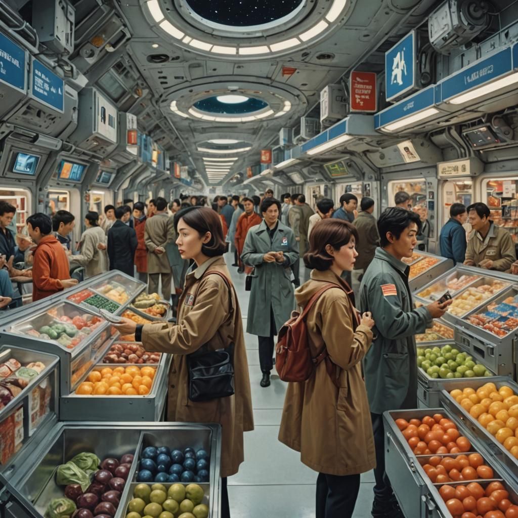 Vibrant Retro-Futuristic Space Station Market Scene