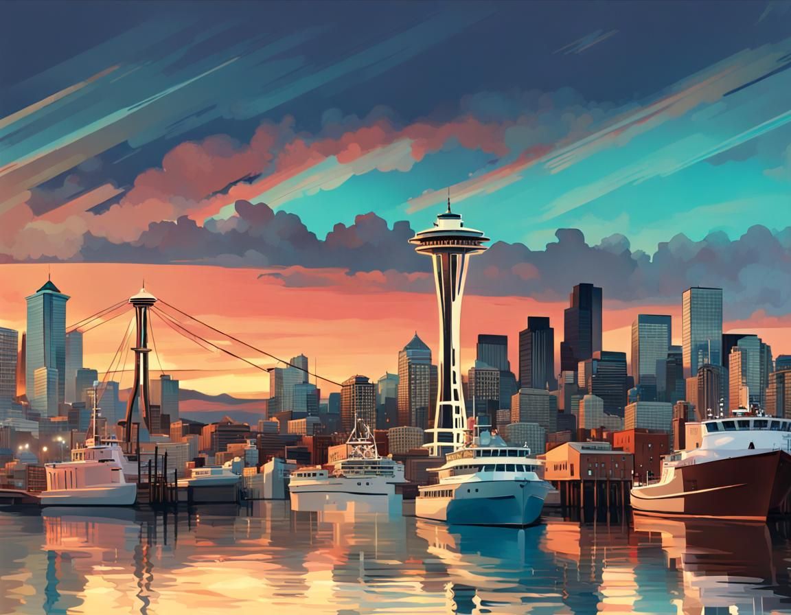 Dieselpunk Seattle Skyline at Twilight