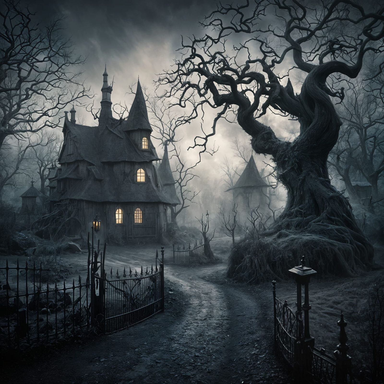 Creepy Garden in Tim Burton Style with Misty Atmosphere