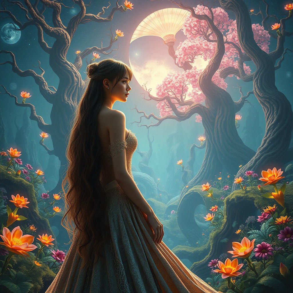 Fantasy Woman in Surreal Glowing Landscape