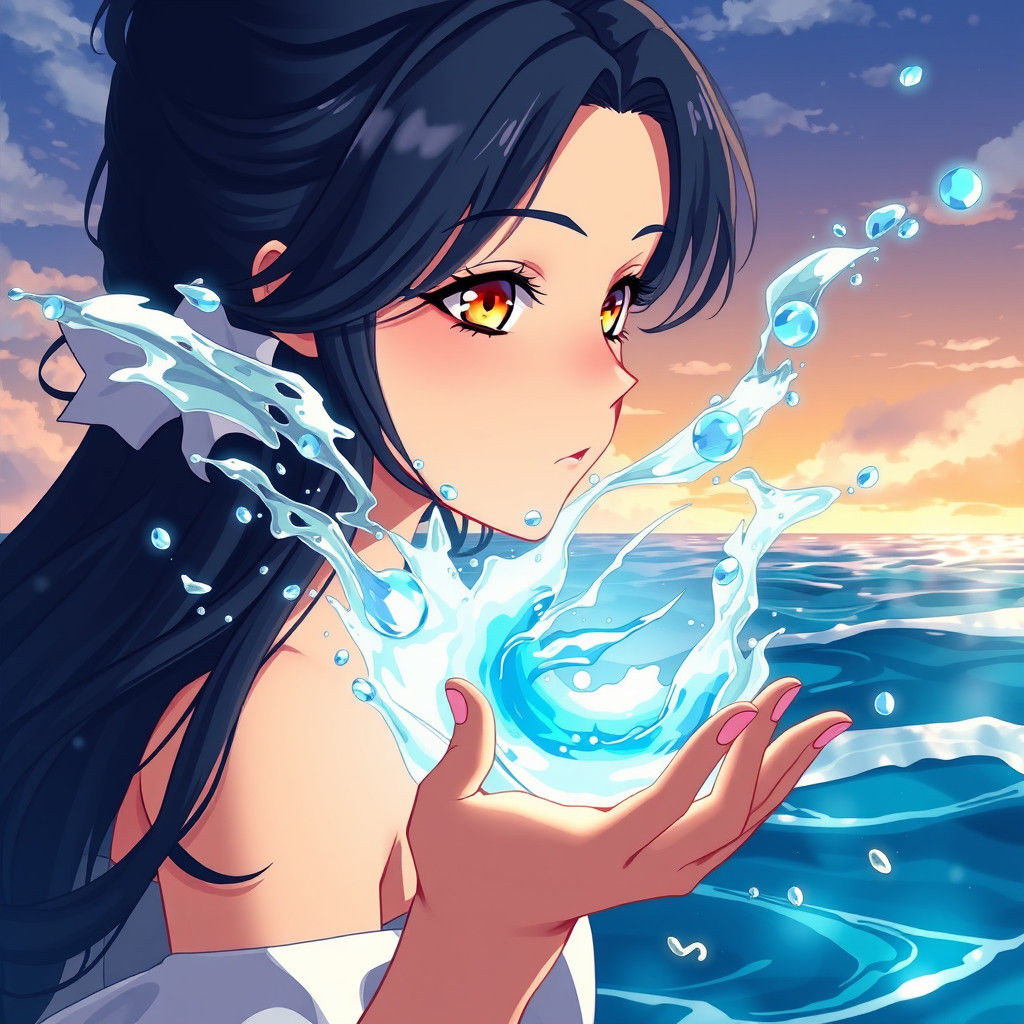 Navy-Haired Woman Controls Water with Anime Style