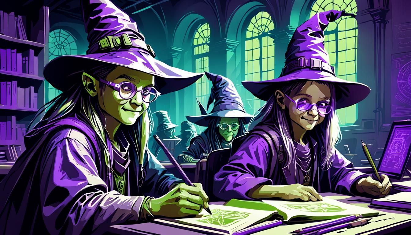 Cyberpunk Child Wizards in Duotone Vector Art