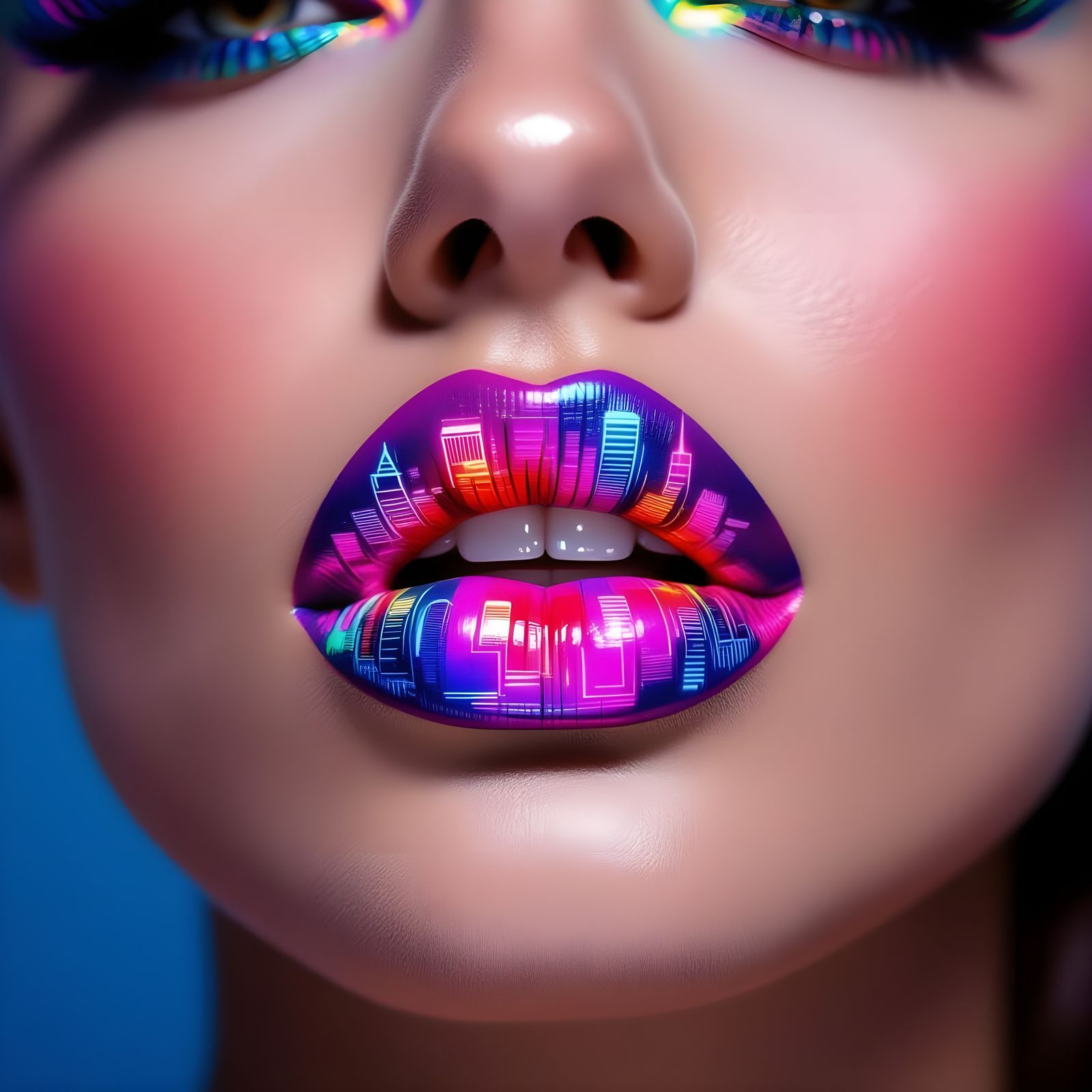 Neon City Skyline Lips: Editorial Fashion Photography