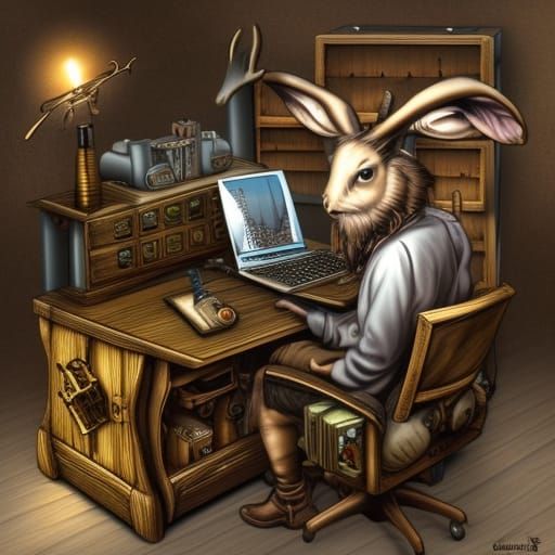 Steampunk Jackalope Computer Wizard at Desk
