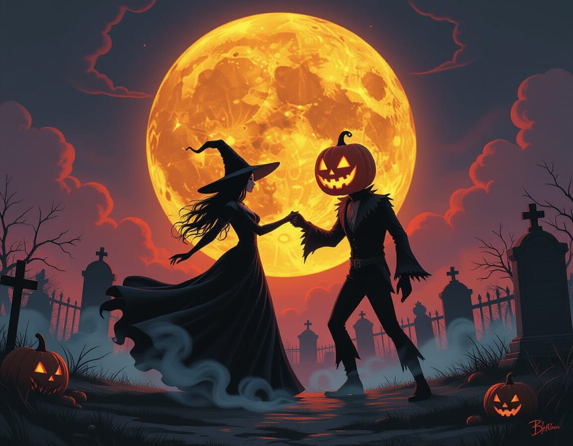 Witch Dances With Jack O'Lantern Head in Moonlit Graveyard