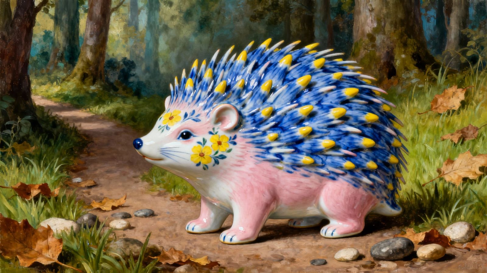 Surreal Porcelain Porcupine on Forest Path Oil Painting