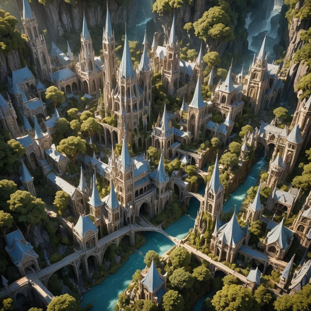 Aerial View of Hyper-Realistic Elven City