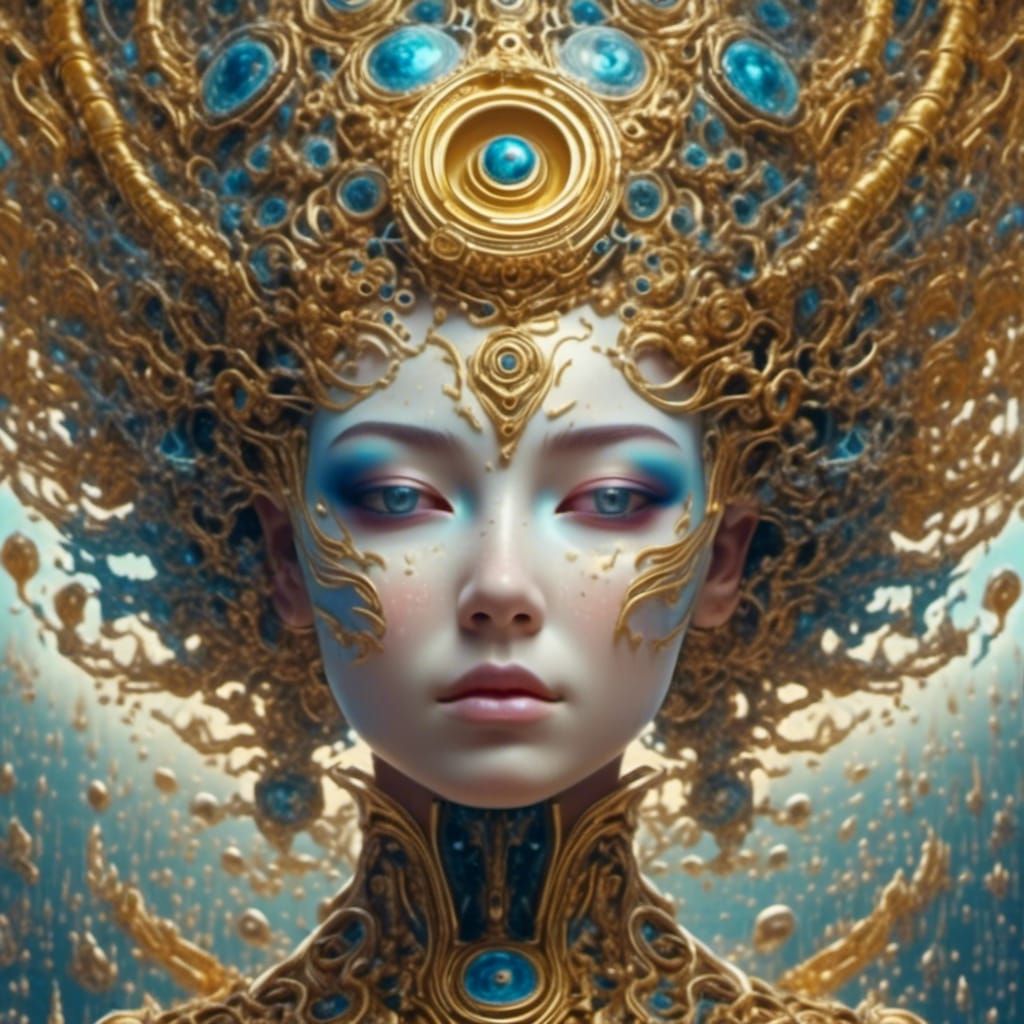 Golden Buddha Eyes with Spiral Galaxy, Hyperrealistic Art