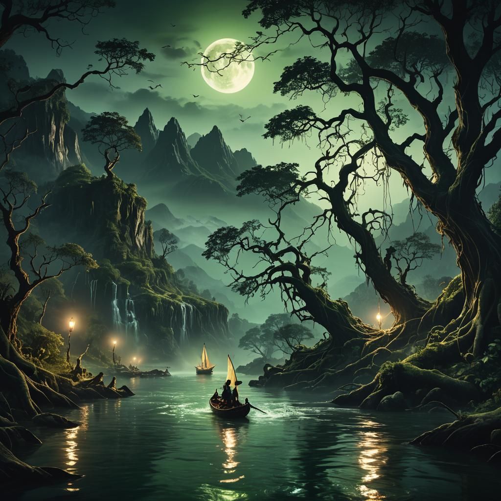 Fairies Sailing a River at Night: Dark Fantasy Art