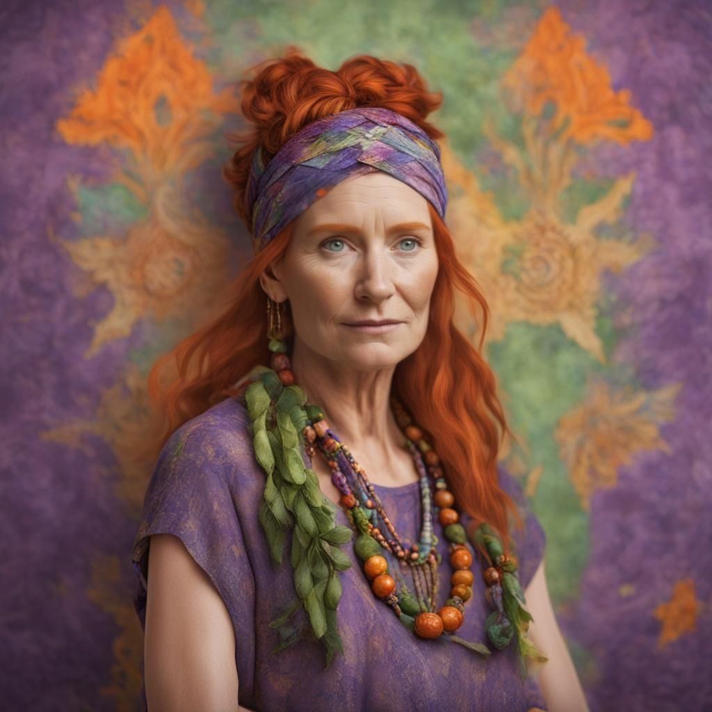 Hyperrealistic Redhead Hippie in Boho Room