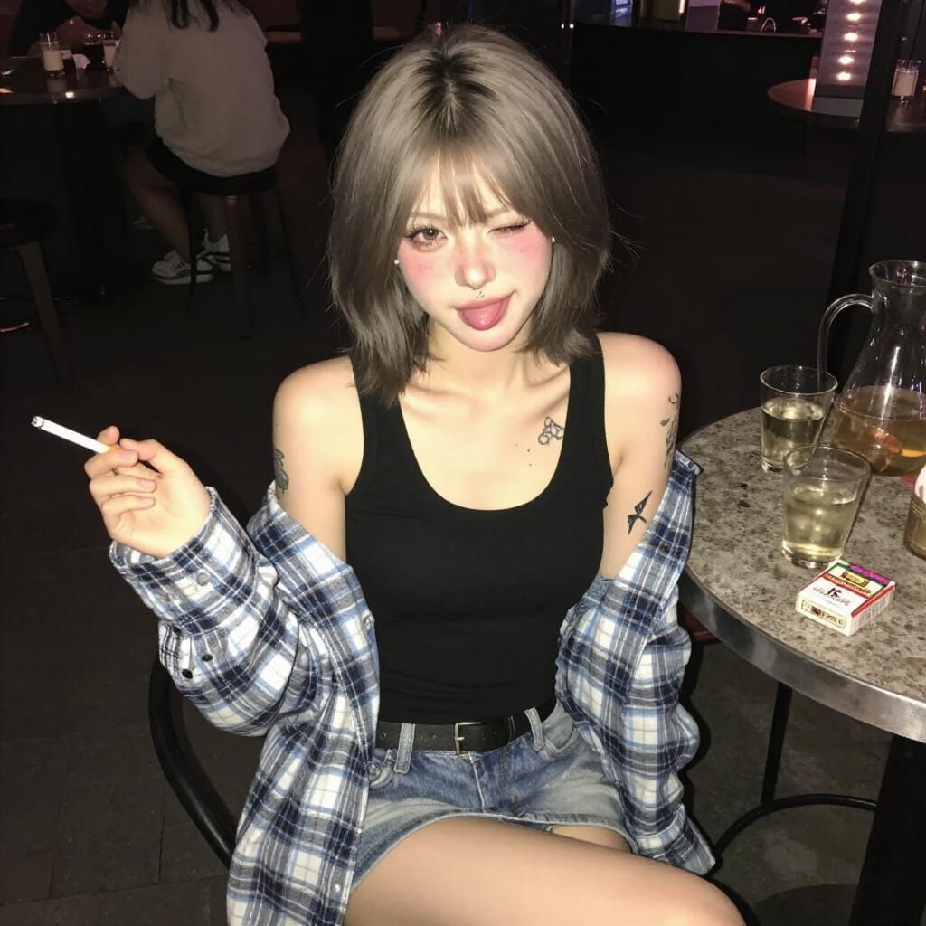 Woman Winks at Night at Dim Bar with Cigarette
