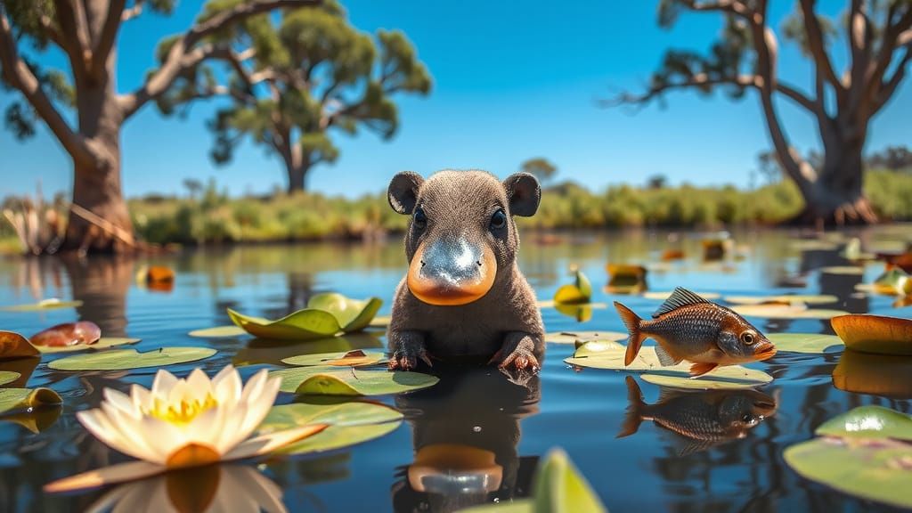 Platypus in Australian Billabong with Water Lilies