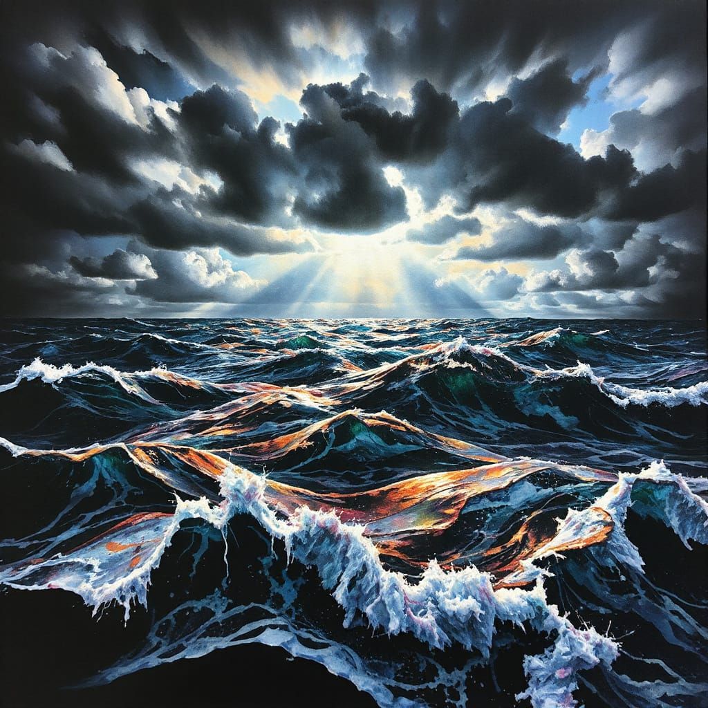 Turbulent Sea Under Stormy Sky in Watercolor Style